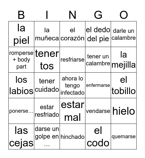 Chapter 4.2 El Cuerpo Bingo Card