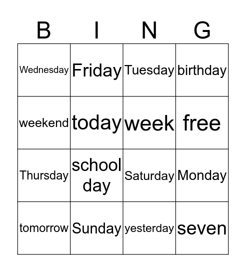 Days of The Week Spanish Bingo Card