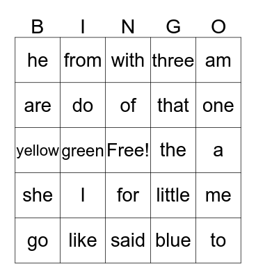 Sight Words Bingo Card