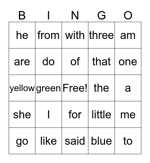 Sight Words Bingo Card