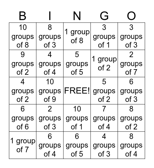 Multiplication (Groups of/rows of) Bingo Card