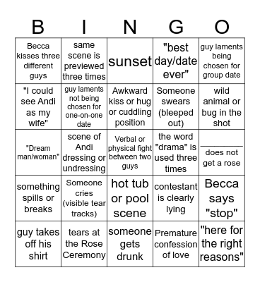 Bachelorette Bingo Card