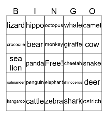 Animals Bingo Card