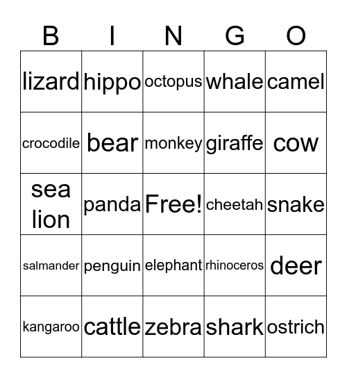 Animals Bingo Card