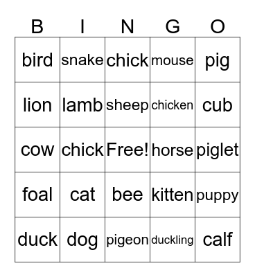 Animal Sounds Bingo Card