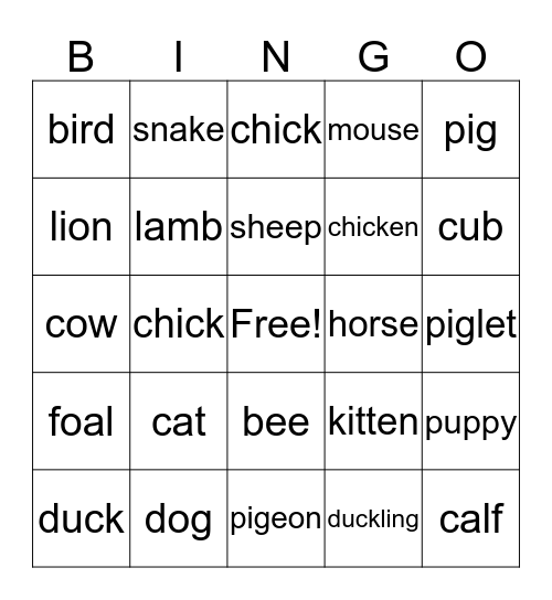 Animal Sounds Bingo Card