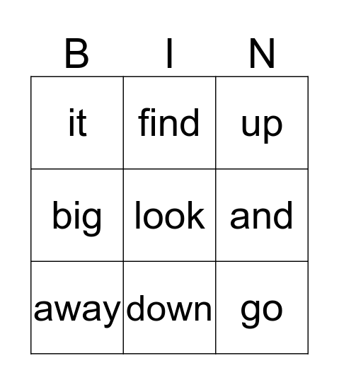 Sight Words Bingo Card