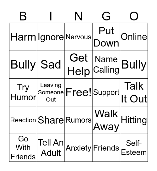 Bullying Bingo Card