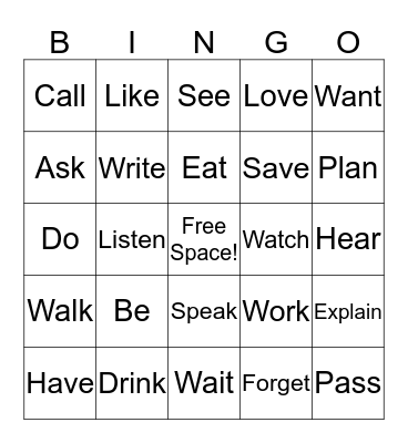 Past Tense Verbs Bingo Card