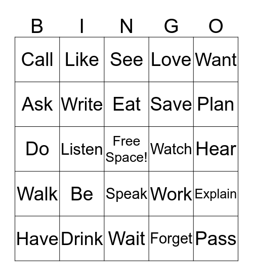 Past Tense Verbs Bingo Card