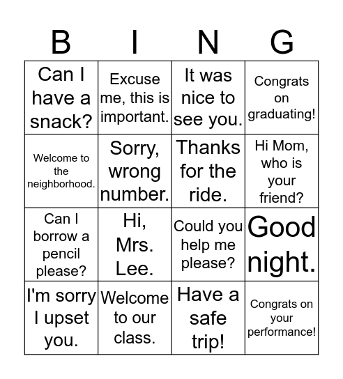 What Do You Say? Bingo Card
