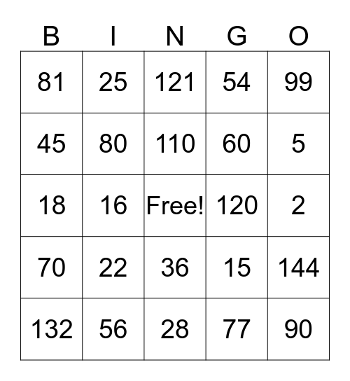 Math Review Bingo Card