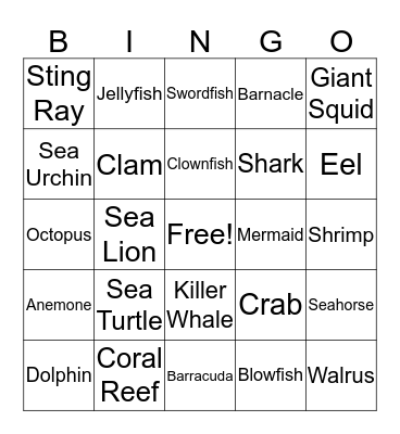 Sea Life Bingo Card