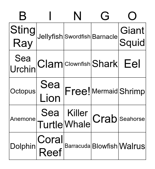 Sea Life Bingo Card