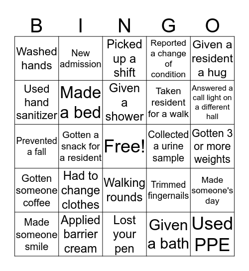 CNA week Bingo Card