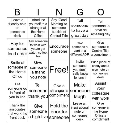 Acts of Kindness Bingo Card