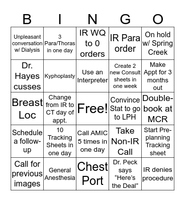 IR Scheduling Bingo Card