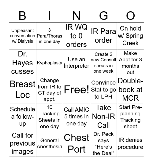 IR Scheduling Bingo Card