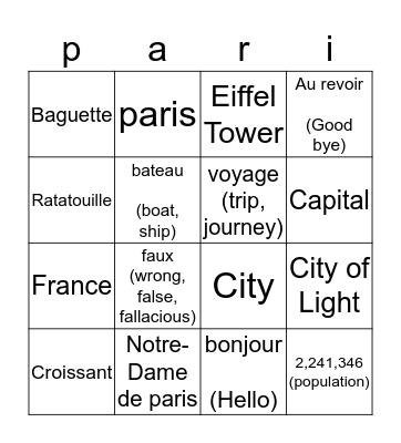Paris france Bingo Card