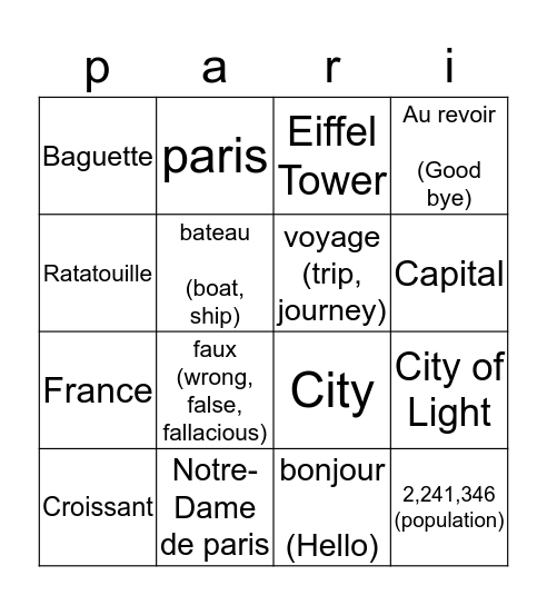 Paris france Bingo Card