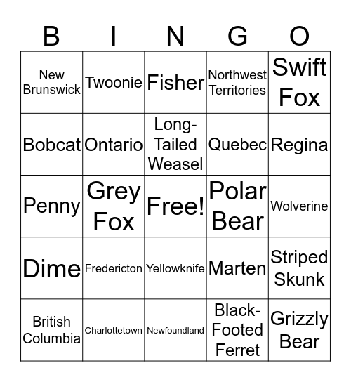 Canada Bingo Card