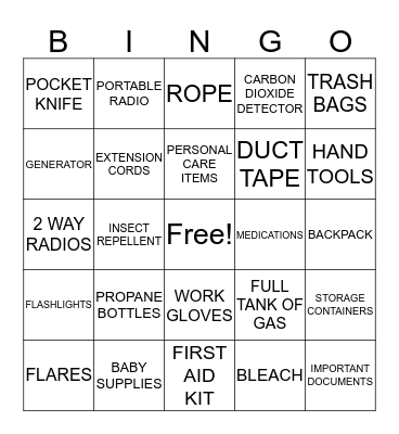 Emergency Kit Bingo Card