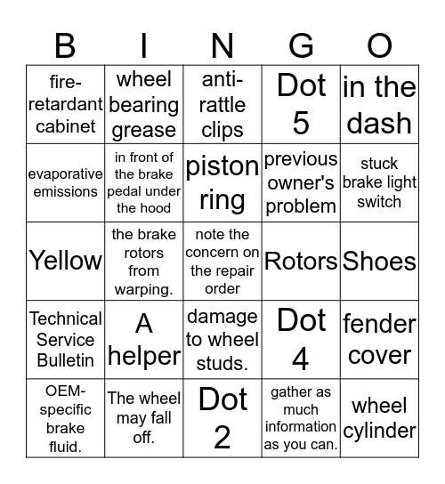 Brakes Bingo Card