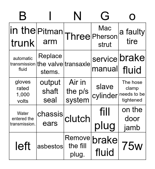 Intro to Auto  Bingo Card