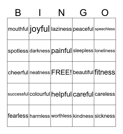 Bingo--- Suffixes -ness, -ful, -less Bingo Card