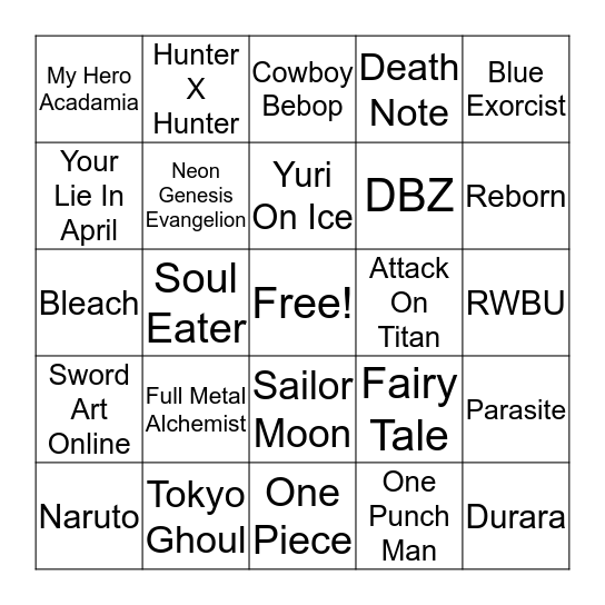 Anime Bingo Card