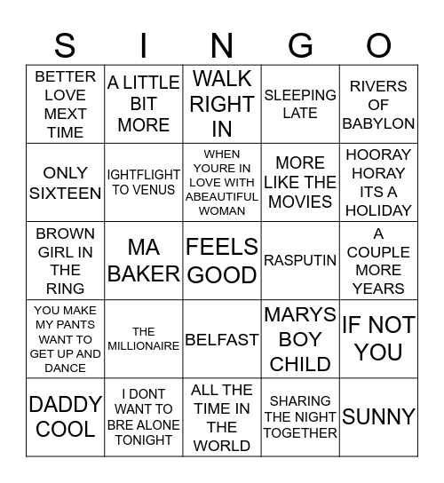 226 DR HOOK VS BONEY M Bingo Card