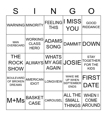 228 BLINK 182 VS GREENDAY Bingo Card
