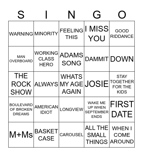228 BLINK 182 VS GREENDAY Bingo Card