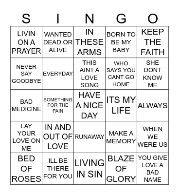 230 BEST OF BON JOVI Bingo Card