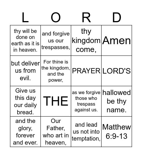 The Lord's Prayer Bingo Card