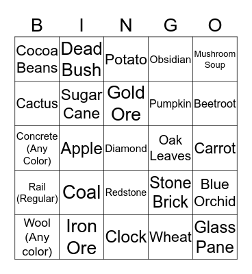 Minecraft Item Hunt Bingo Card
