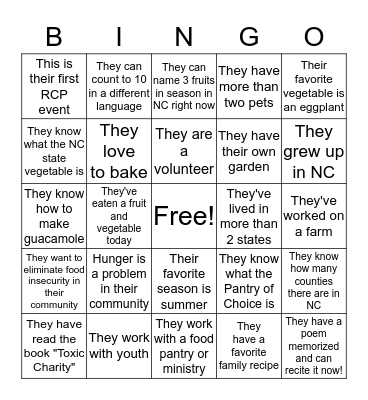 Bingo!  Walk around and get to know everyone here! Find a person for each square and have them write their initials in the box. No duplicates!           Bingo Card