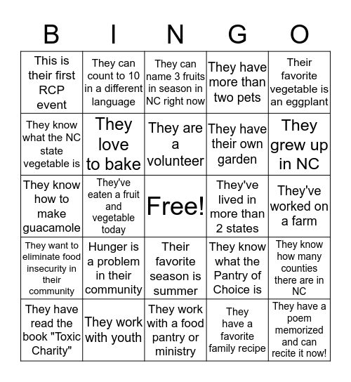 Bingo!  Walk around and get to know everyone here! Find a person for each square and have them write their initials in the box. No duplicates!           Bingo Card