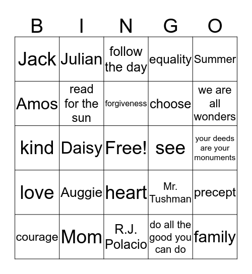 Wonder WORDO Bingo Card