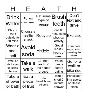 Healthy Habits Bingo Card