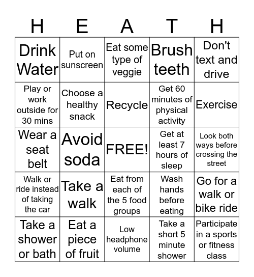 Healthy Habits Bingo Card