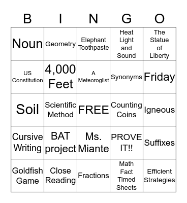 Ms. Miante’s 2nd Grade Bingo Card