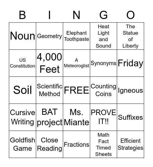 Ms. Miante’s 2nd Grade Bingo Card