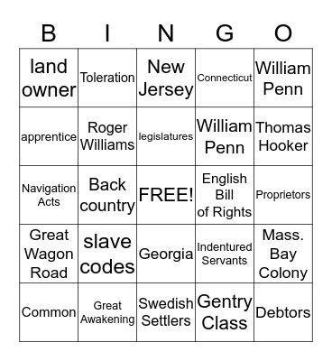 13 Colonies Bingo Card