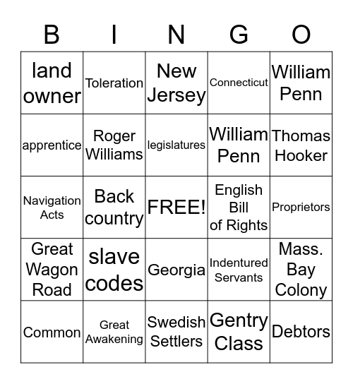 13 Colonies Bingo Card