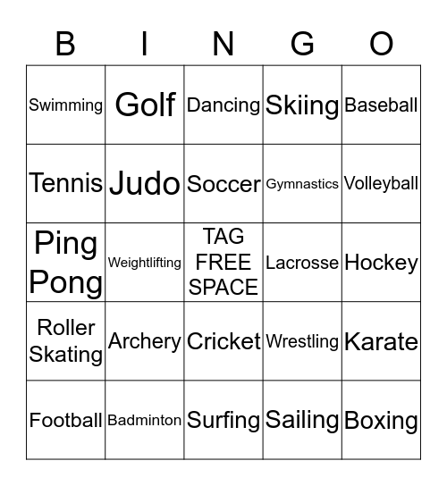 TAG Sports Bingo Card