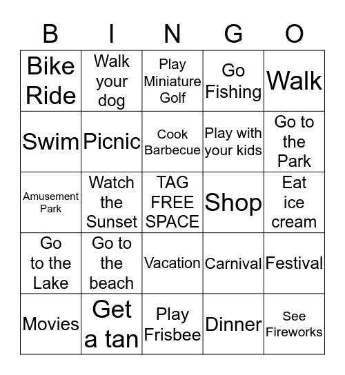 Things you do in the summertime! Bingo Card