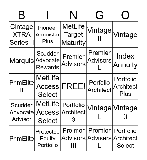 MetLife MIC Bingo Card