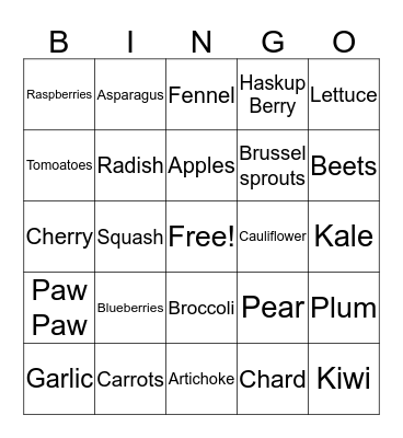 Farm Plants Bingo Card