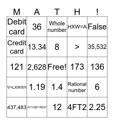MATH BINGO Card